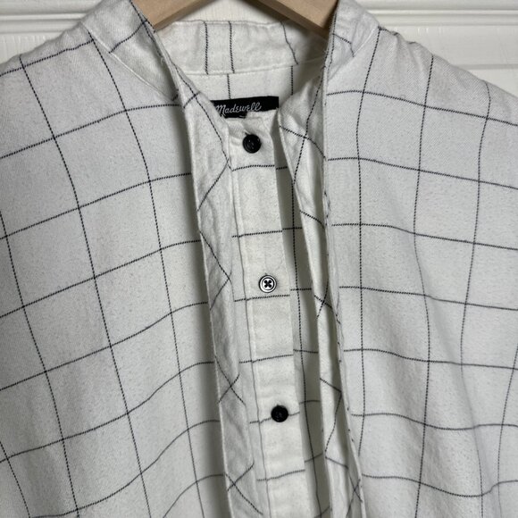 Madewell Flannel Tie Neck Shirt Windowpane XXS Relaxed Fit White Black Button Up - Picture 9 of 12